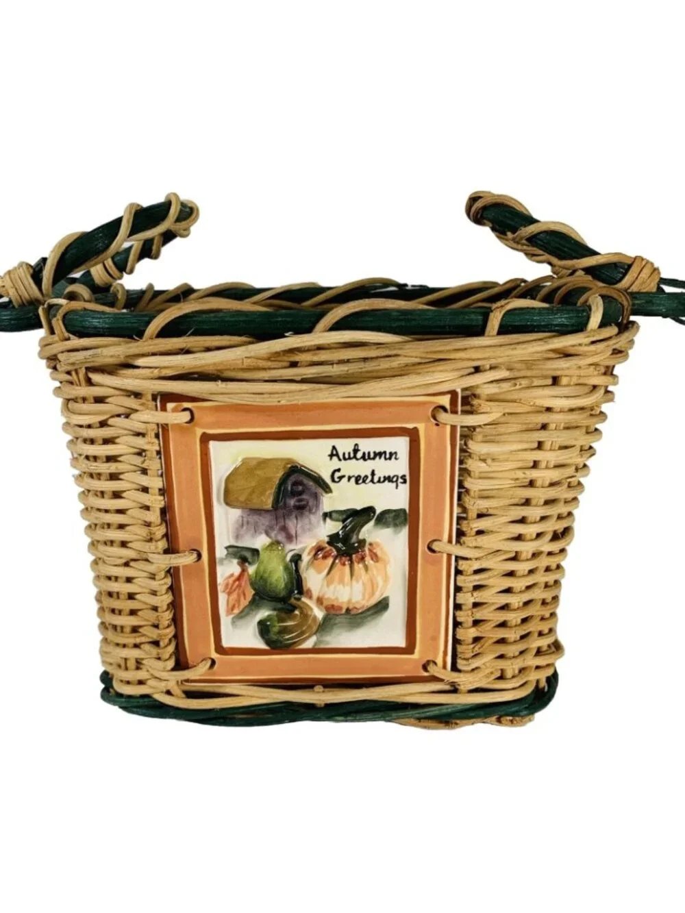Vintage Autumn Greetings Wicker Basket Hand Painted Tile Cozy Harvest Decor
